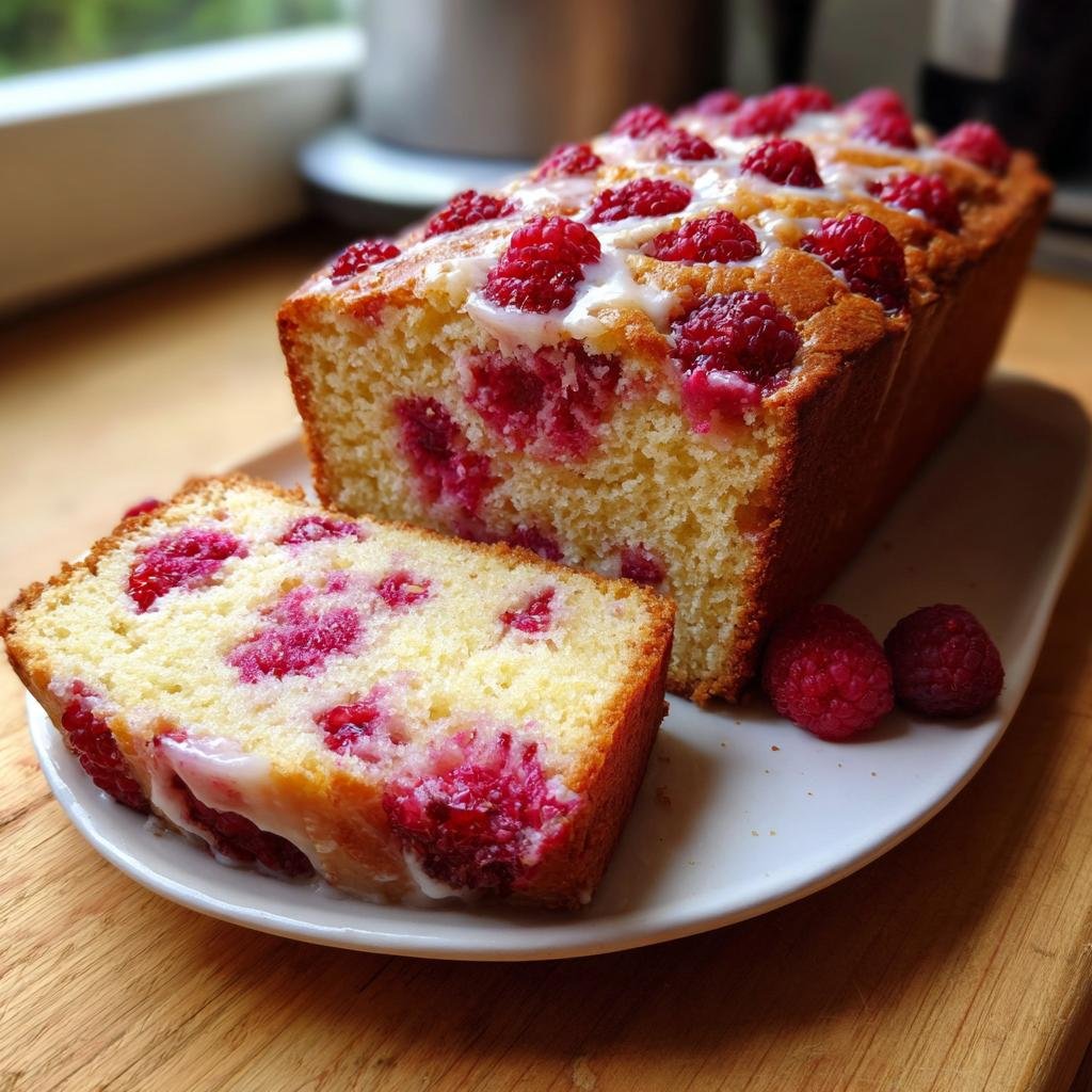 A slice of Himbeerkuchen mit weißer Schokolade, topped with fresh raspberries and white chocolate drizzle.