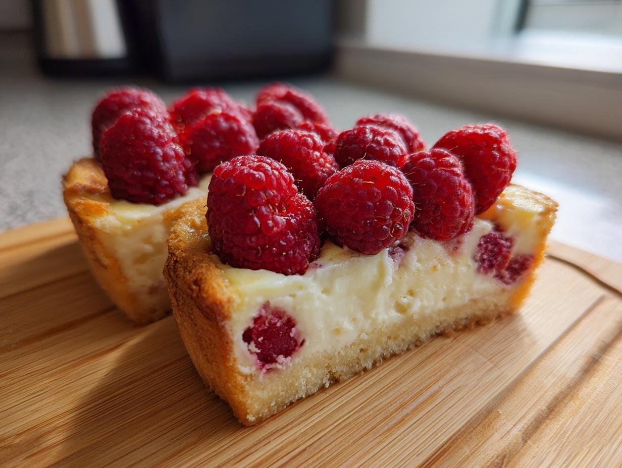 Two slices of Himbeerkuchen mit weißer Schokolade, topped with fresh raspberries, on a wooden board.