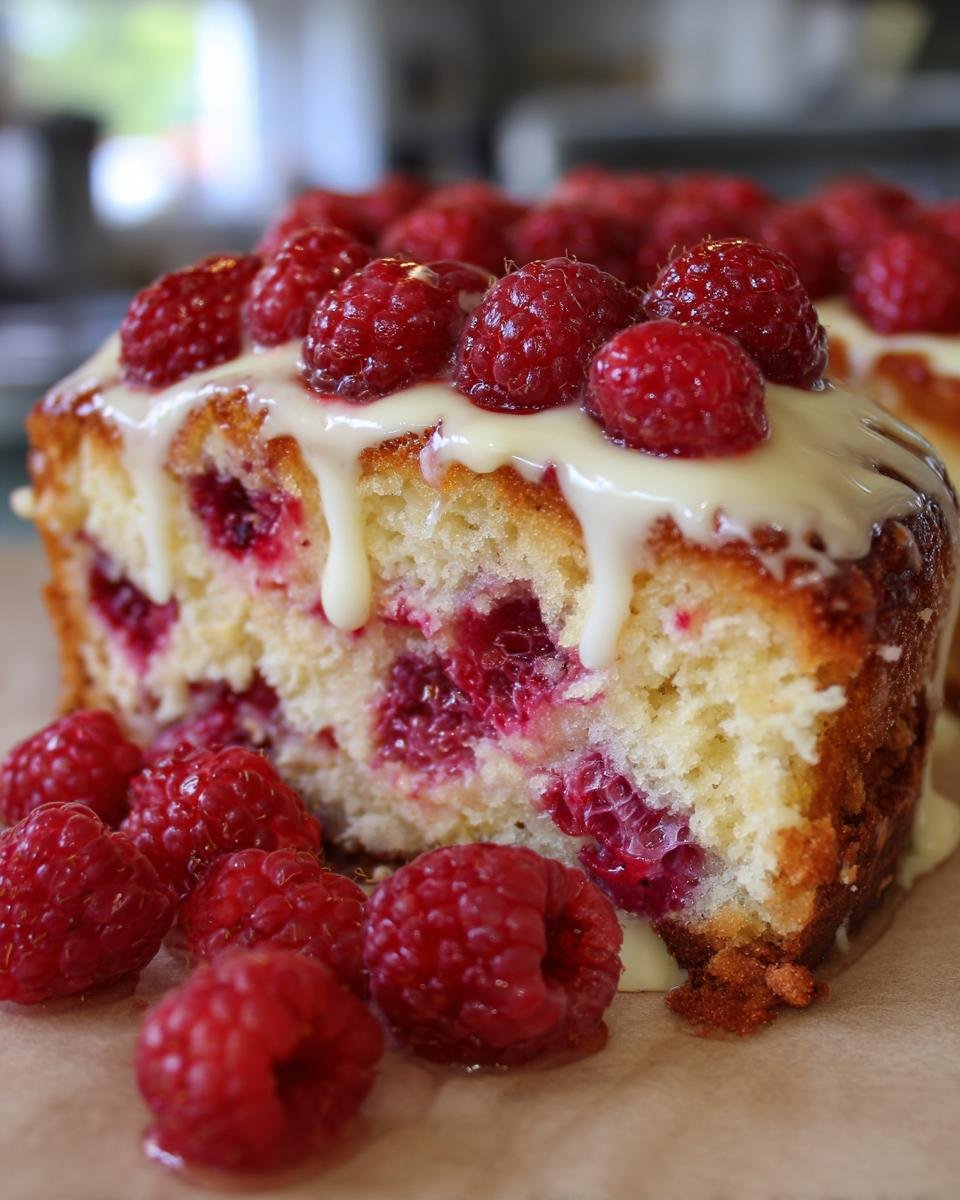 A slice of Himbeerkuchen mit weißer Schokolade, topped with fresh raspberries and white chocolate drizzle.