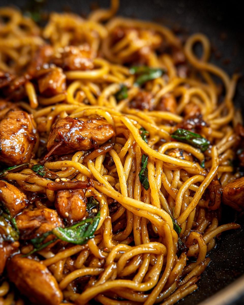 Close-up of Honig-Pfeffer-Hühnchen-Pasta with chicken, noodles, and spinach.
