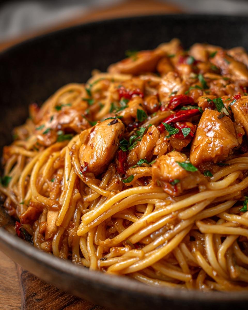 Close-up of delicious Honig-Pfeffer-Hühnchen-Pasta with chicken, pasta, and spices.