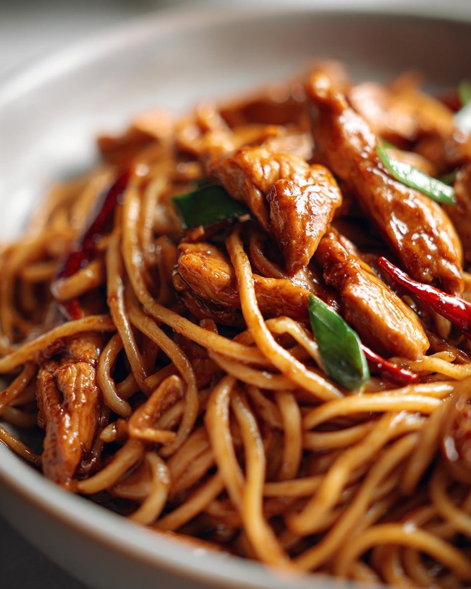 Close-up of delicious Honig-Pfeffer-Hühnchen-Pasta with chicken, noodles, and chili peppers.