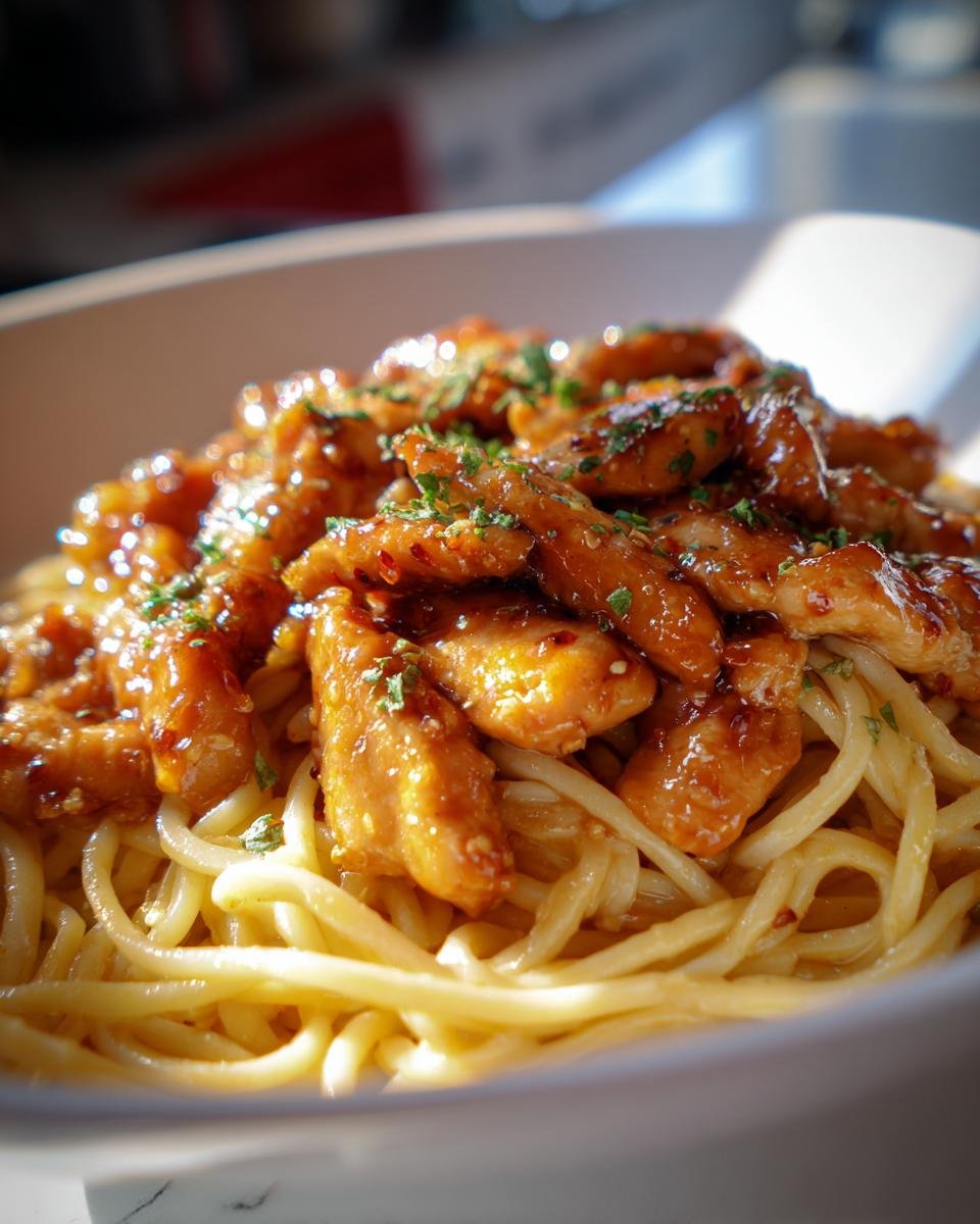 Close-up of Honig-Pfeffer-Hühnchen-Pasta, featuring chicken in honey-pepper sauce over pasta, garnished with herbs.