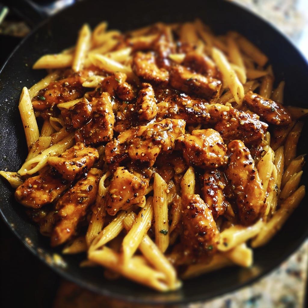 Close-up of Honig-Pfeffer-Hühnchen-Pasta in a pan, featuring chicken and pasta.