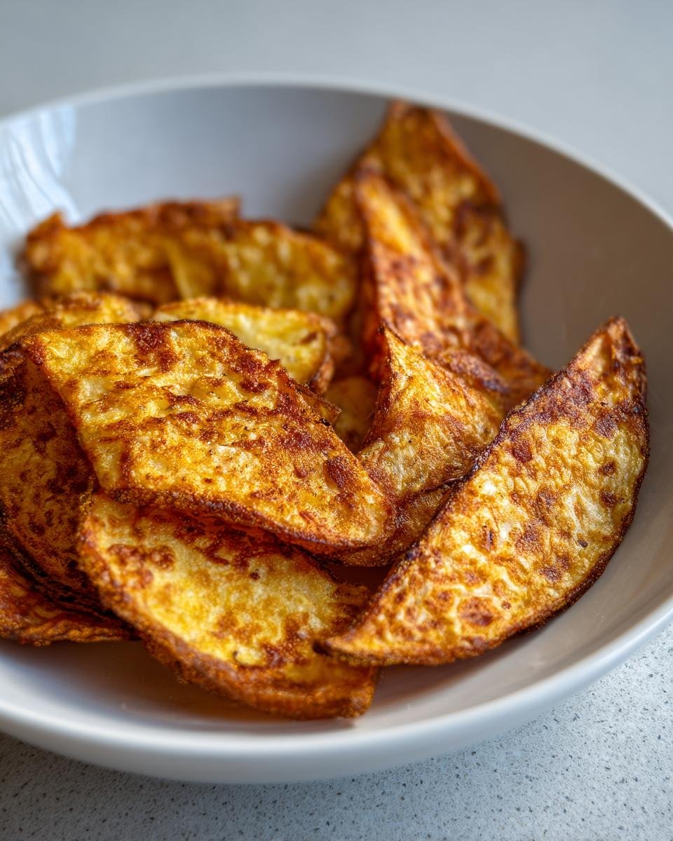Bowl of golden-brown Hüttenkäse-Chips, a healthy and delicious snack.