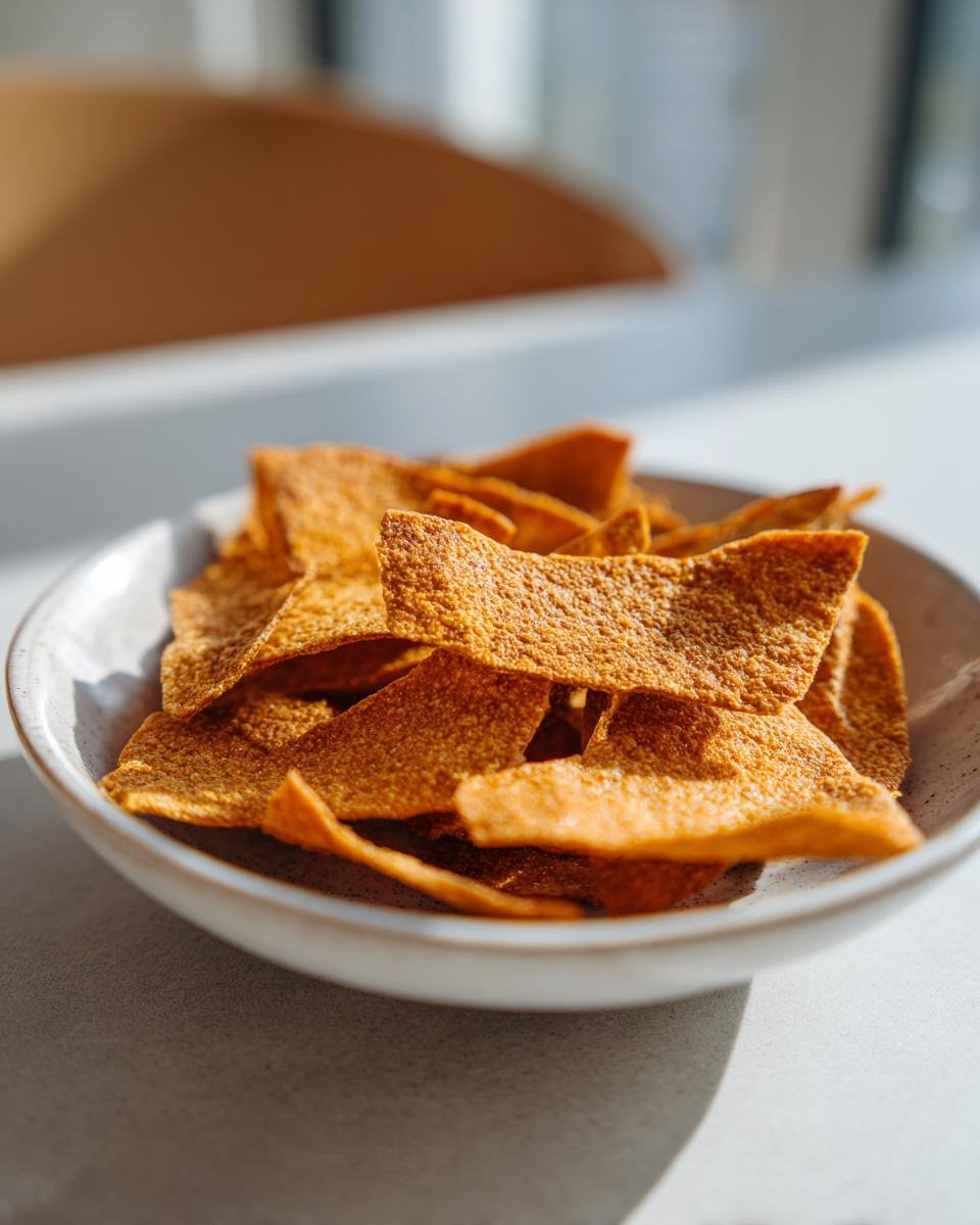 Close-up of golden brown Hüttenkäse-Chips piled in a white bowl, ready to eat.