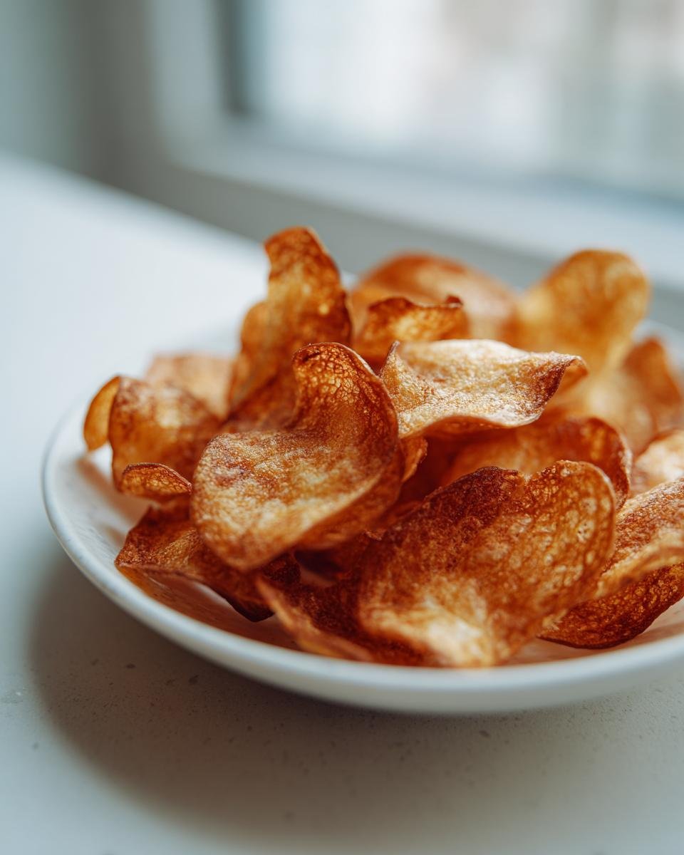 Close-up of golden brown Hüttenkäse-Chips piled on a white plate, showcasing their crispy texture.