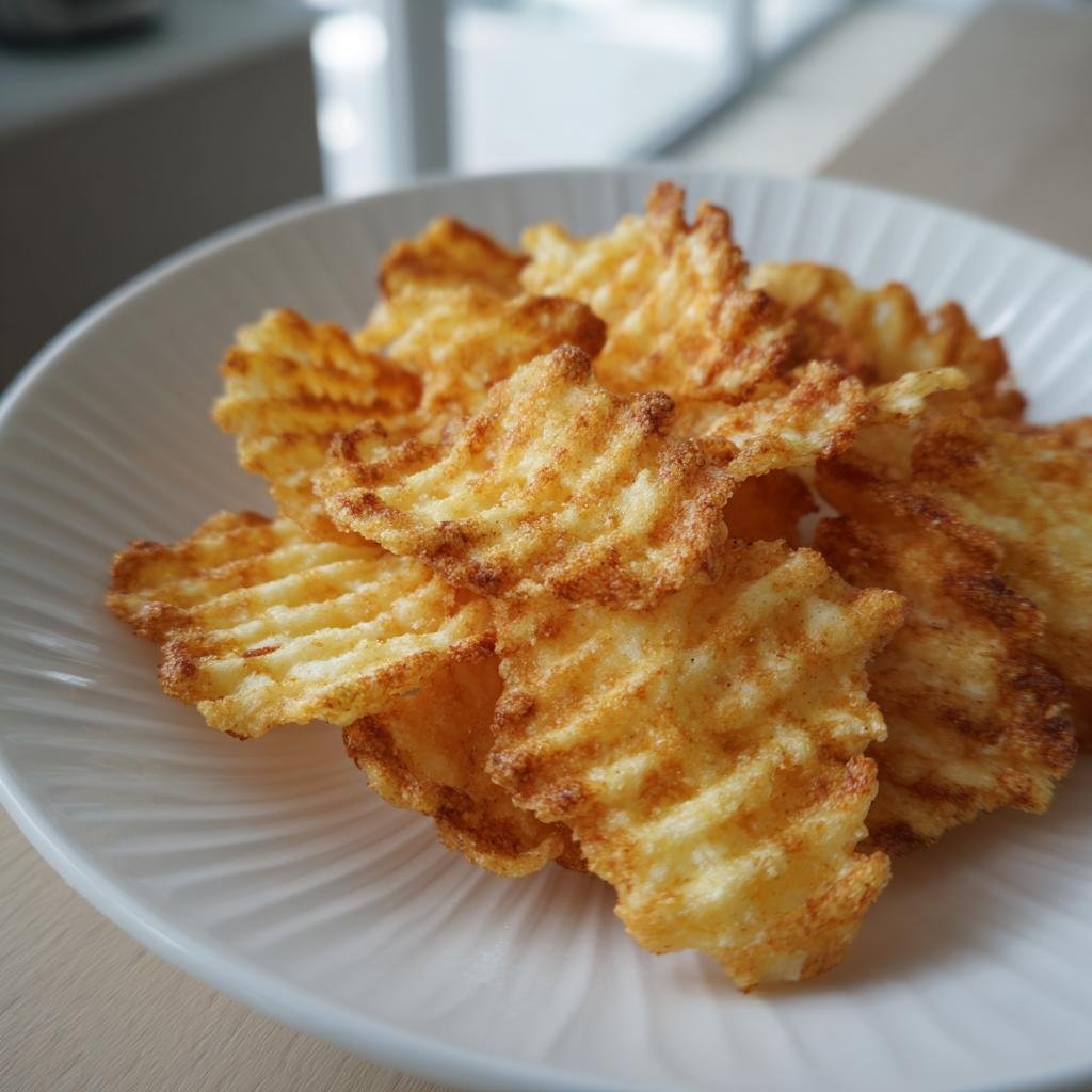 Close-up of golden brown Hüttenkäse-Chips on a white ribbed plate, ready to eat.
