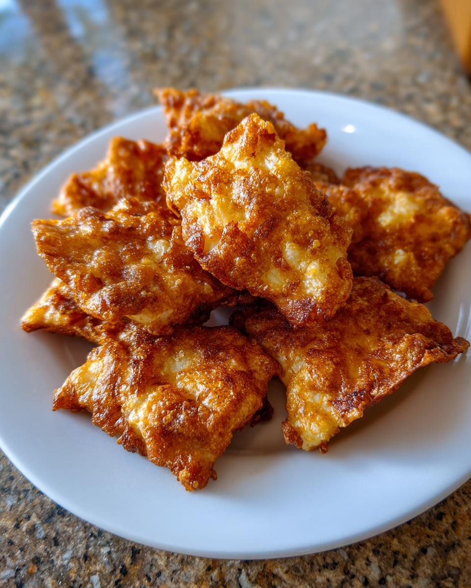 A plate of golden brown, crispy Hüttenkäse-Chips, perfect for a healthy snack.