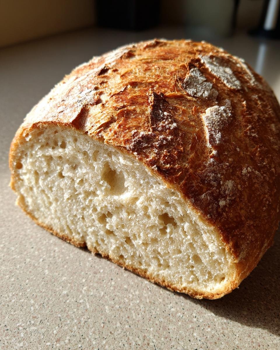 Nahaufnahme von einem halben Joghurtbrot ohne Kohlenhydrate mit knuspriger Kruste und weicher Krume.