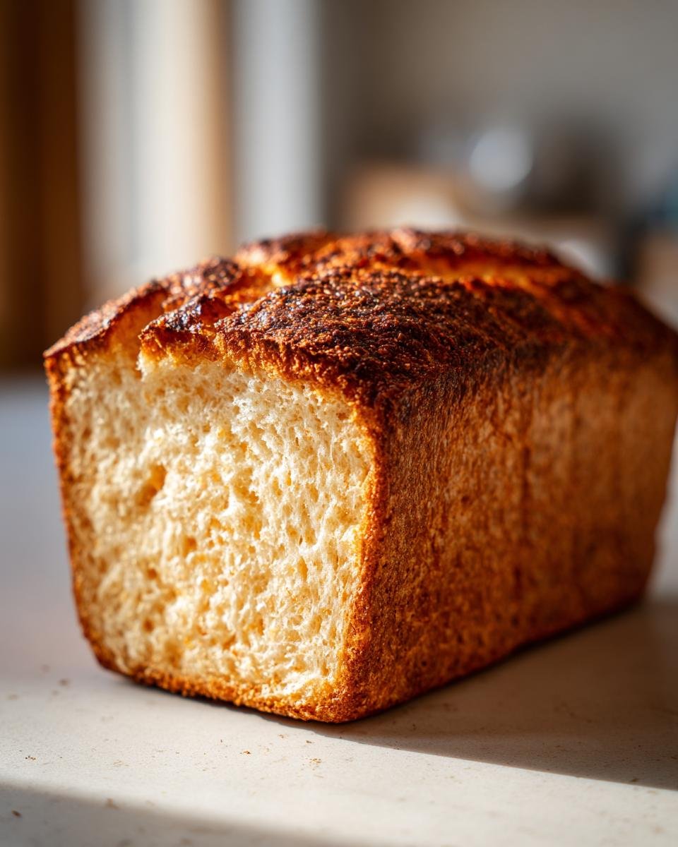 Close-up of a freshly baked loaf of Joghurtbrot ohne Kohlenhydrate, showing the crust and crumb.