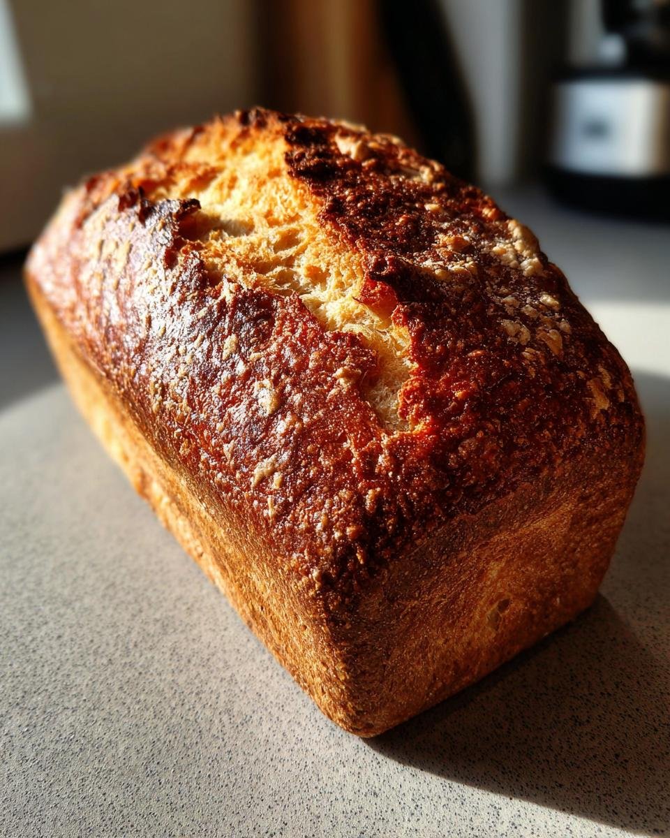 A golden-brown loaf of Joghurtbrot ohne Kohlenhydrate sits on a countertop, showcasing its crusty exterior.