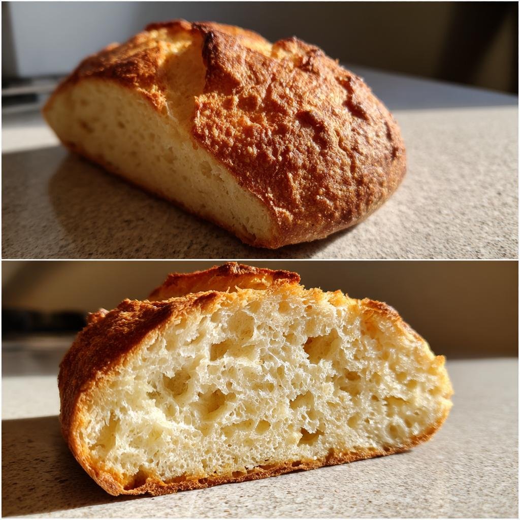 Close-up of Joghurtbrot ohne Kohlenhydrate, showing the crust and airy interior.