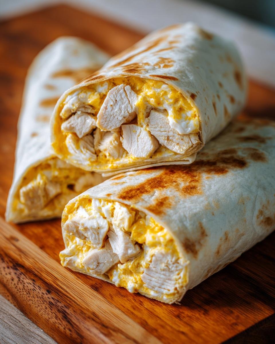 Close-up of stacked Käse-Knoblauch-Hähnchen-Wraps filled with chicken and cheesy garlic sauce.