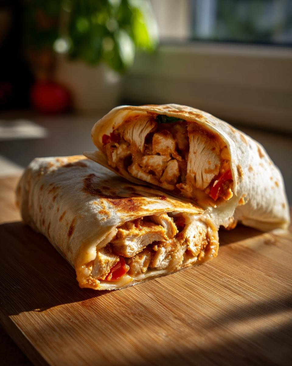 Zwei angeschnittene Käse-Knoblauch-Hähnchen-Wraps auf einem Holzbrett. Füllung mit Hähnchen und Gemüse sichtbar.