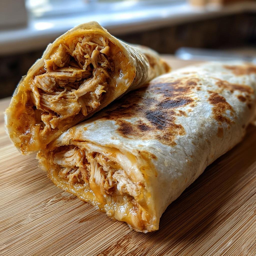 Nahaufnahme eines angeschnittenen Käse-Knoblauch-Hähnchen-Wraps mit Füllung auf einem Holzbrett.
