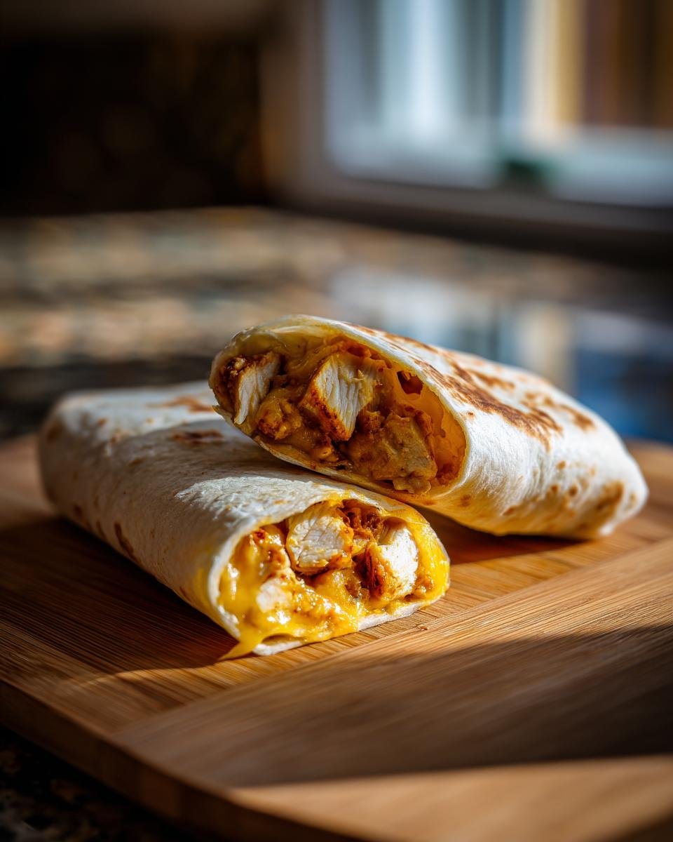 Zwei Käse-Knoblauch-Hähnchen-Wraps, einer angeschnitten, auf einem Holzbrett.