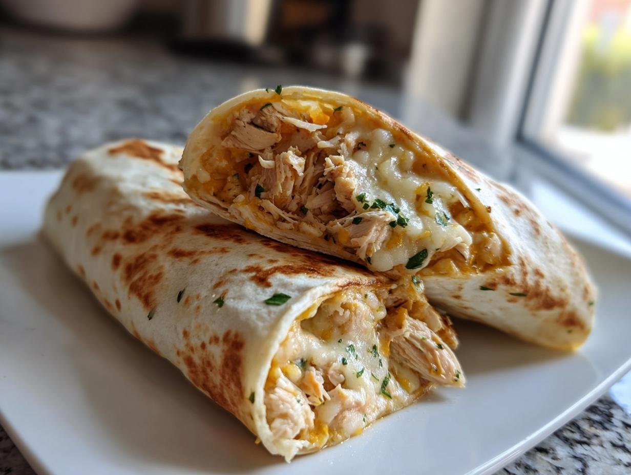 Two Käse-Knoblauch-Hähnchen-Wraps, one cut in half, showing the chicken and cheese filling.