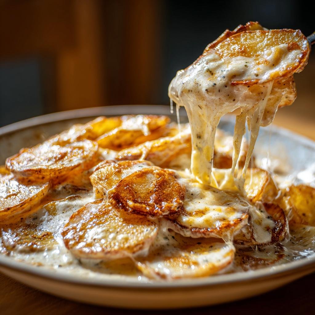 Close-up of Kartoffeln in Knoblauch Sahnesauce, showing creamy garlic sauce and golden potatoes.