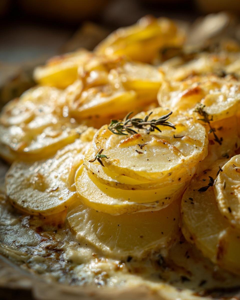 Close-up of Kartoffeln in Knoblauch Sahnesauce, featuring sliced potatoes with creamy garlic sauce and herbs.