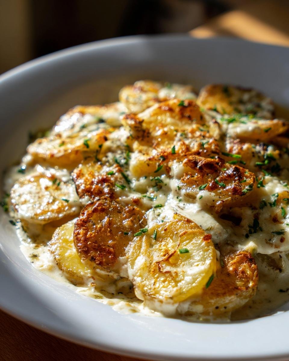 Close-up of Kartoffeln in Knoblauch Sahnesauce, showing golden potatoes in a creamy garlic sauce, garnished with fresh herbs.
