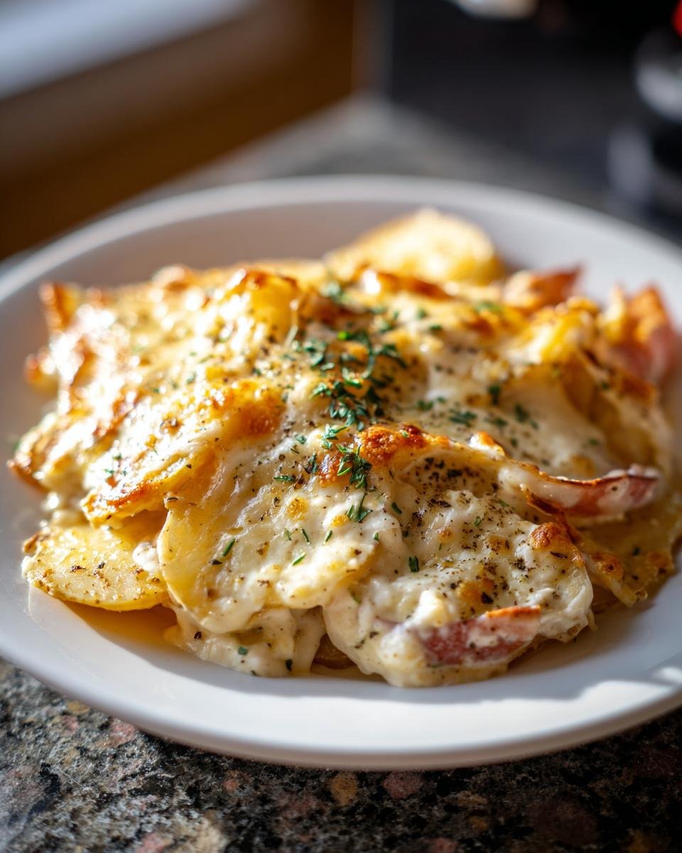 Close-up of Kartoffeln in Knoblauch Sahnesauce, showing creamy sauce and potato layers on a white plate.