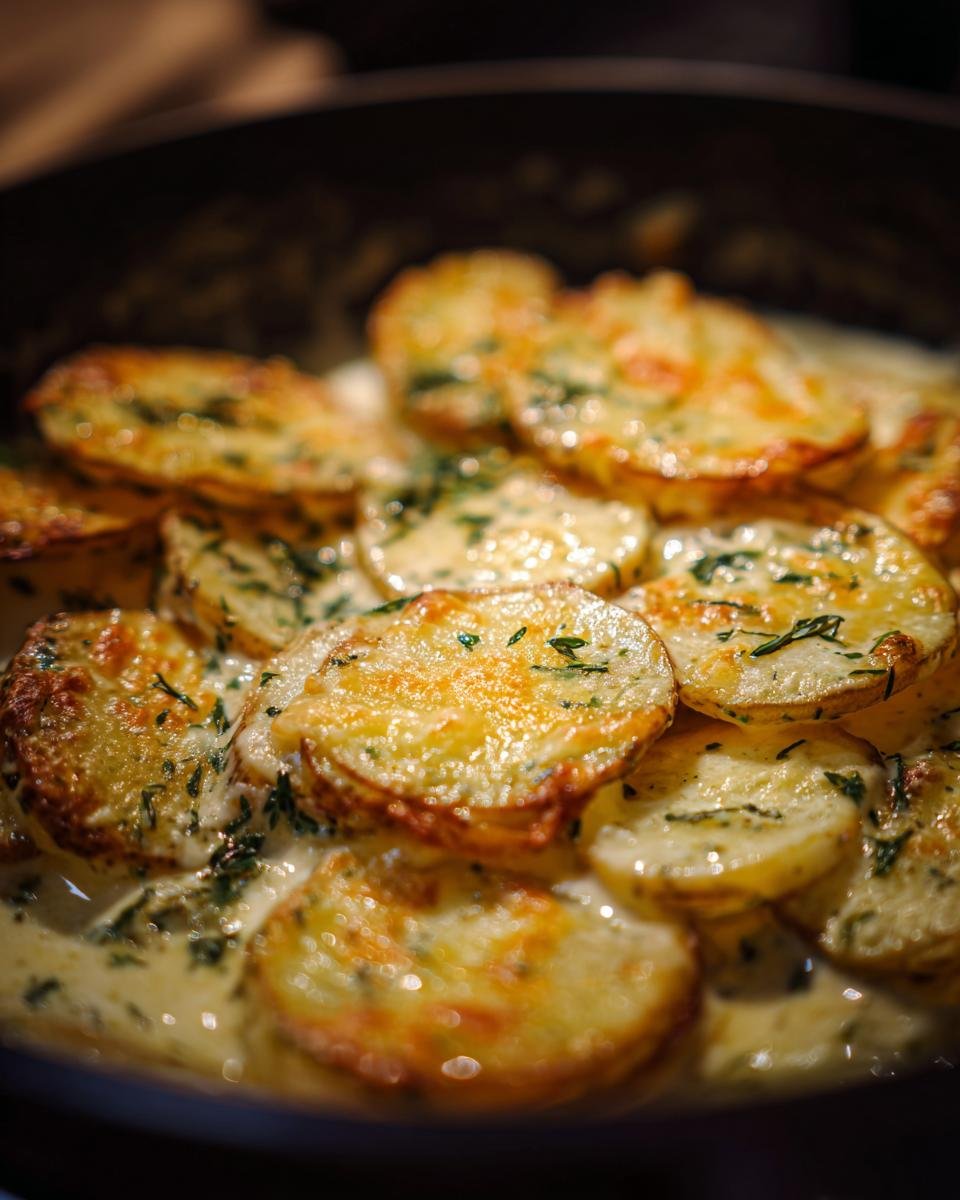 Close-up of Kartoffeln in Knoblauch Sahnesauce, showing creamy garlic sauce and sliced potatoes.