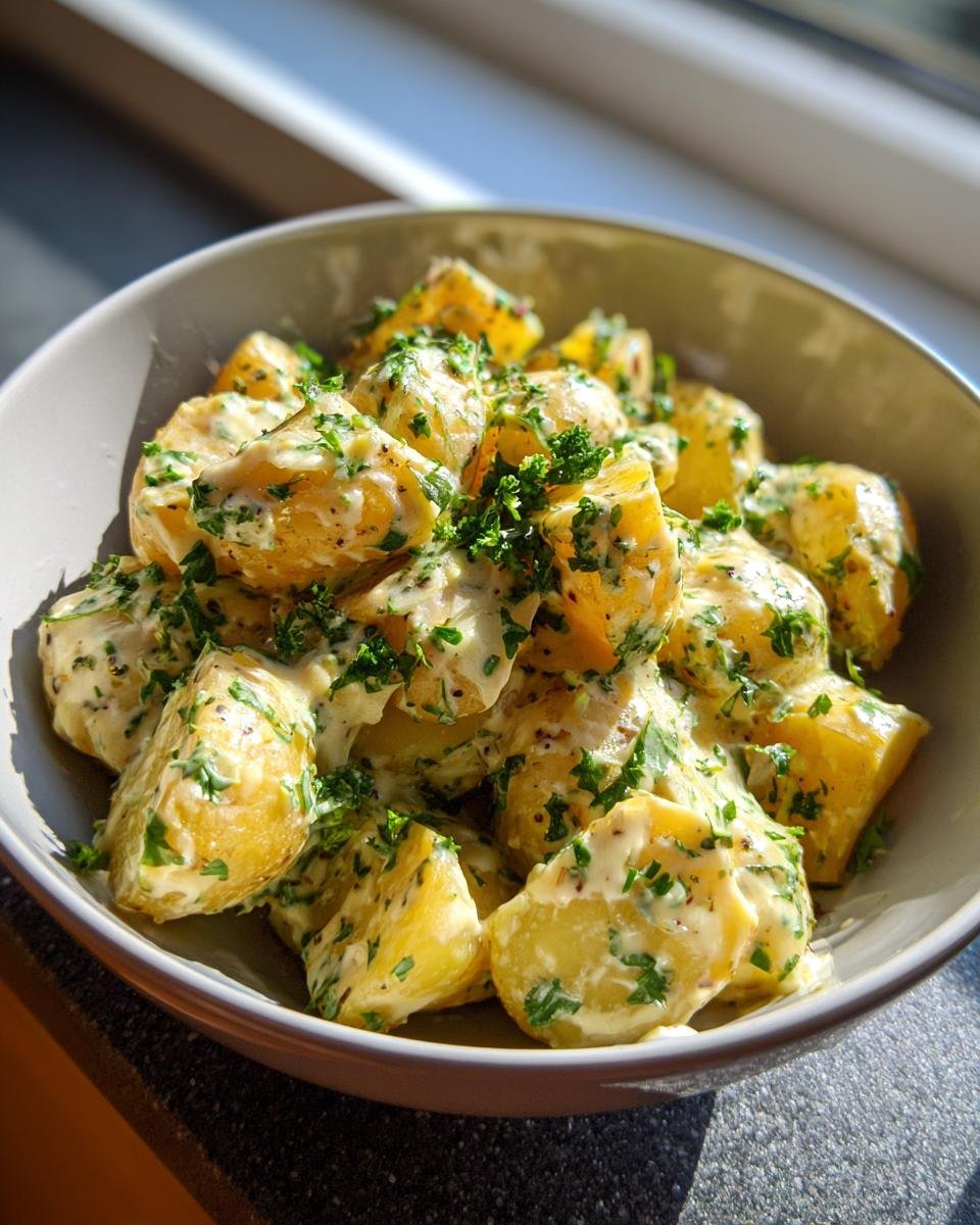 Bowl of Kartoffeln in Knoblauch Sahnesauce in 30 Minuten fertig gemacht! garnished with fresh herbs.