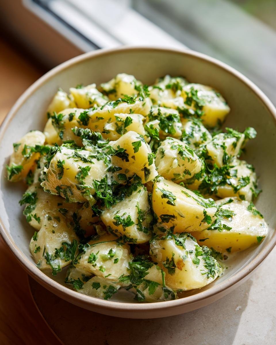 Bowl of Kartoffeln in Knoblauch Sahnesauce in 30 Minuten fertig gemacht! with fresh parsley, ready to serve.