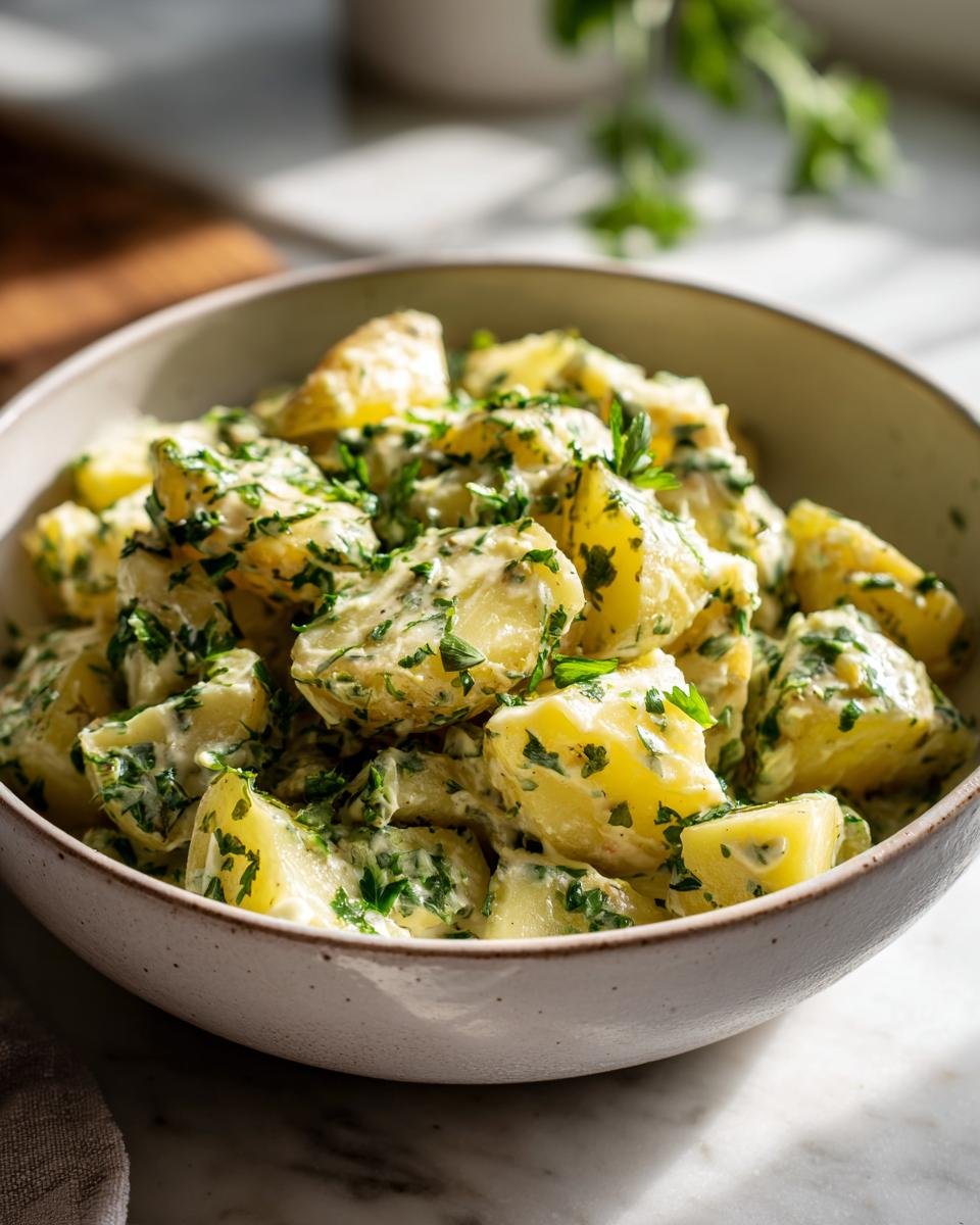 Bowl of Kartoffeln in Knoblauch Sahnesauce, garnished with fresh parsley. Creamy German potato salad.