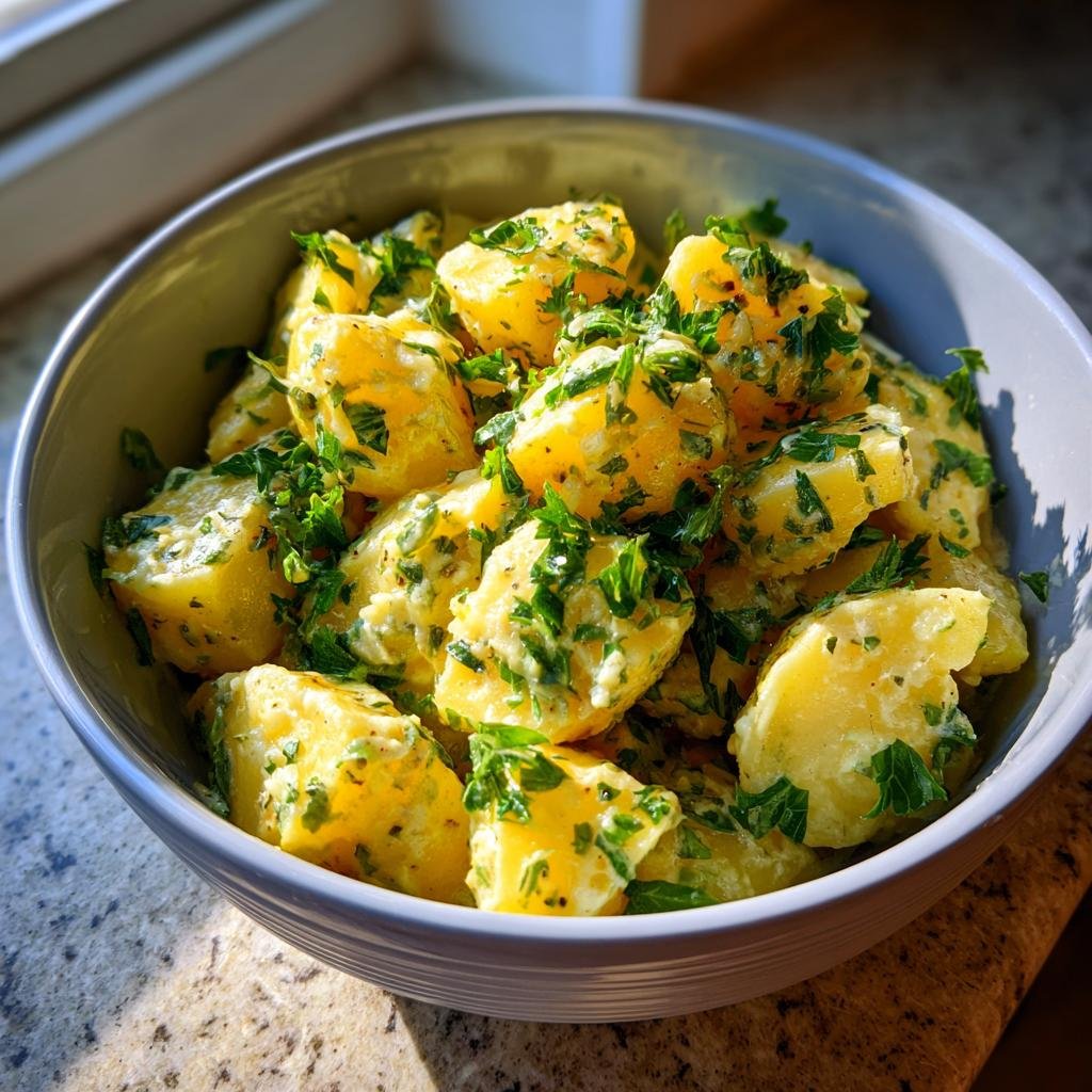 Bowl of Kartoffeln in Knoblauch Sahnesauce, garnished with fresh parsley. Ready in 30 minutes!