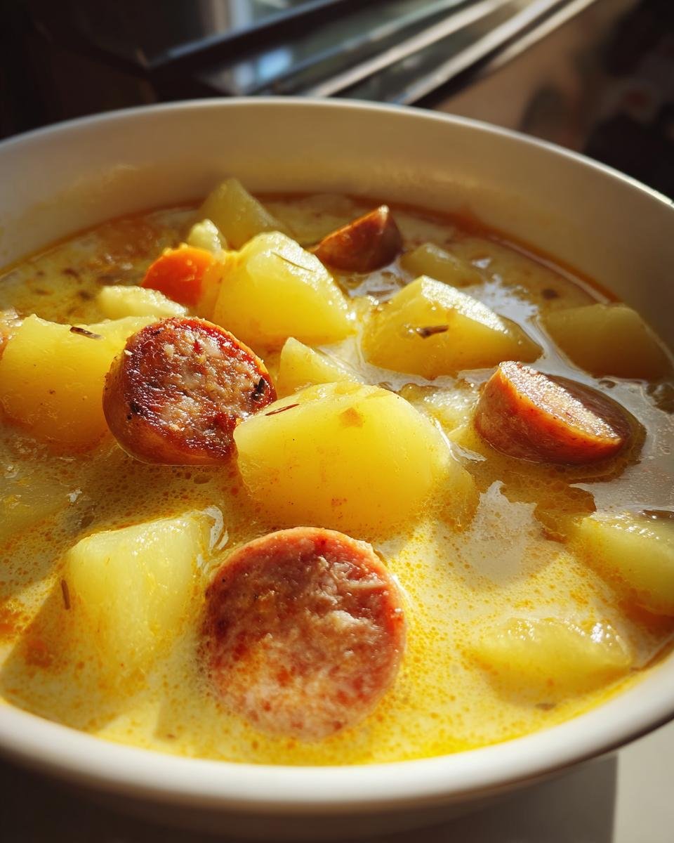 Close-up of Kartoffelsuppe, a creamy German potato soup with sausage and carrots.