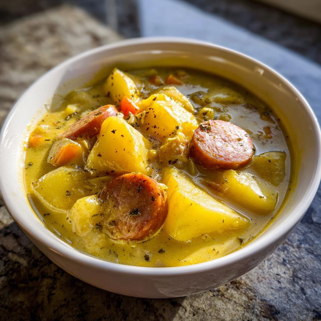 Close-up of a bowl of Kartoffelsuppe, German potato soup, with sausage and vegetables.
