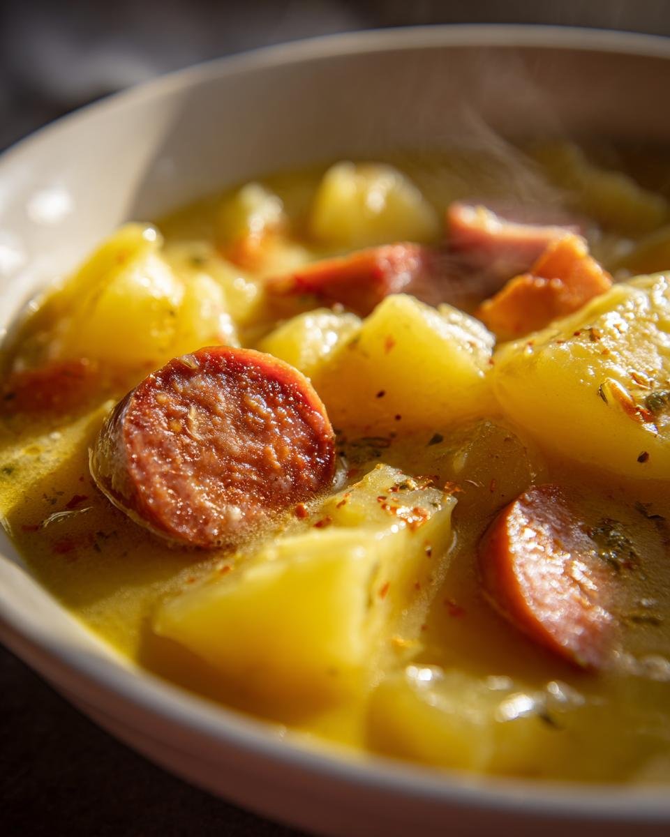 Close-up of Kartoffelsuppe, a German potato soup with sausage slices in a creamy broth.