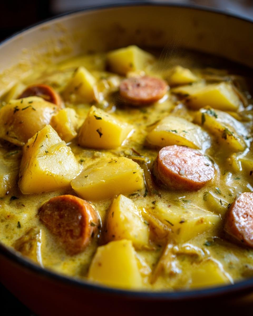 Close-up of Kartoffelsuppe, a German potato soup with sausage and herbs, in a pot. Ich bin in diese Suppe verliebt.