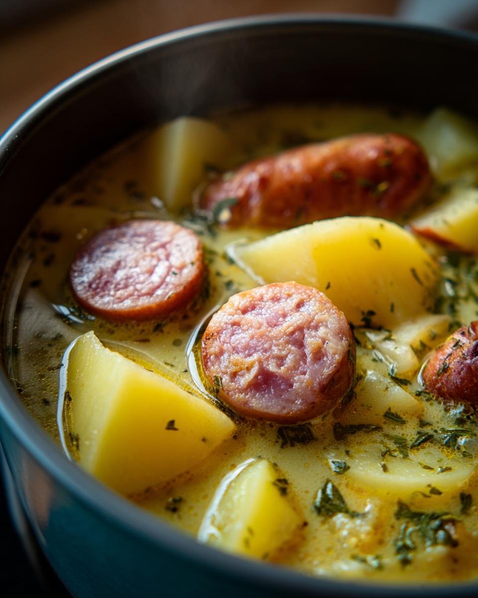 Close-up of Kartoffelsuppe, a German potato soup, featuring potatoes and sausage in a creamy broth.