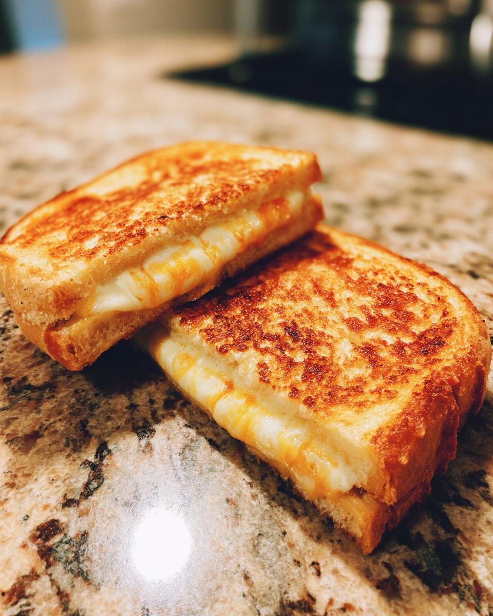 Two golden brown Käse-Schinken-Toasties stacked on a marble surface, showing melted cheese.