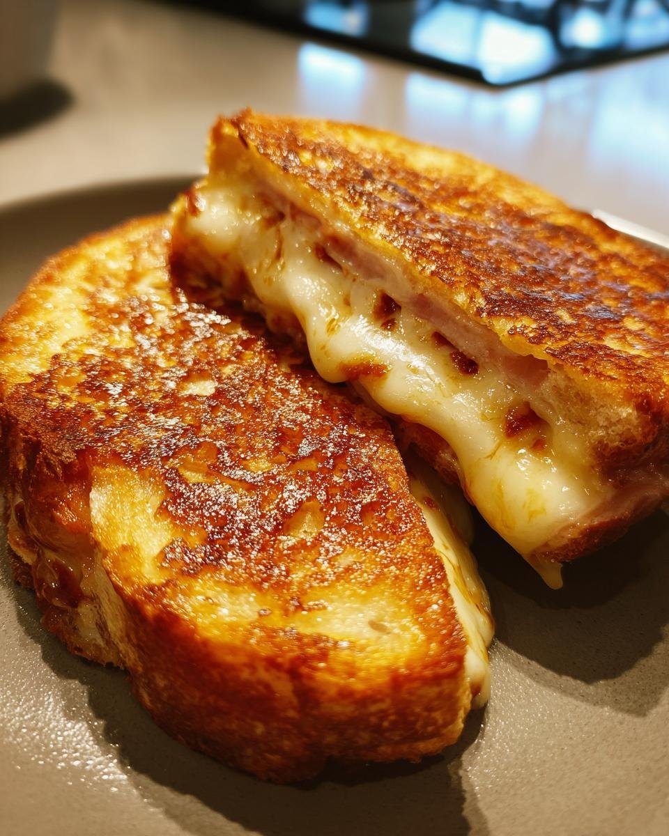 Close-up of two golden Käse-Schinken-Toasties stacked on a plate, cheese oozing out.
