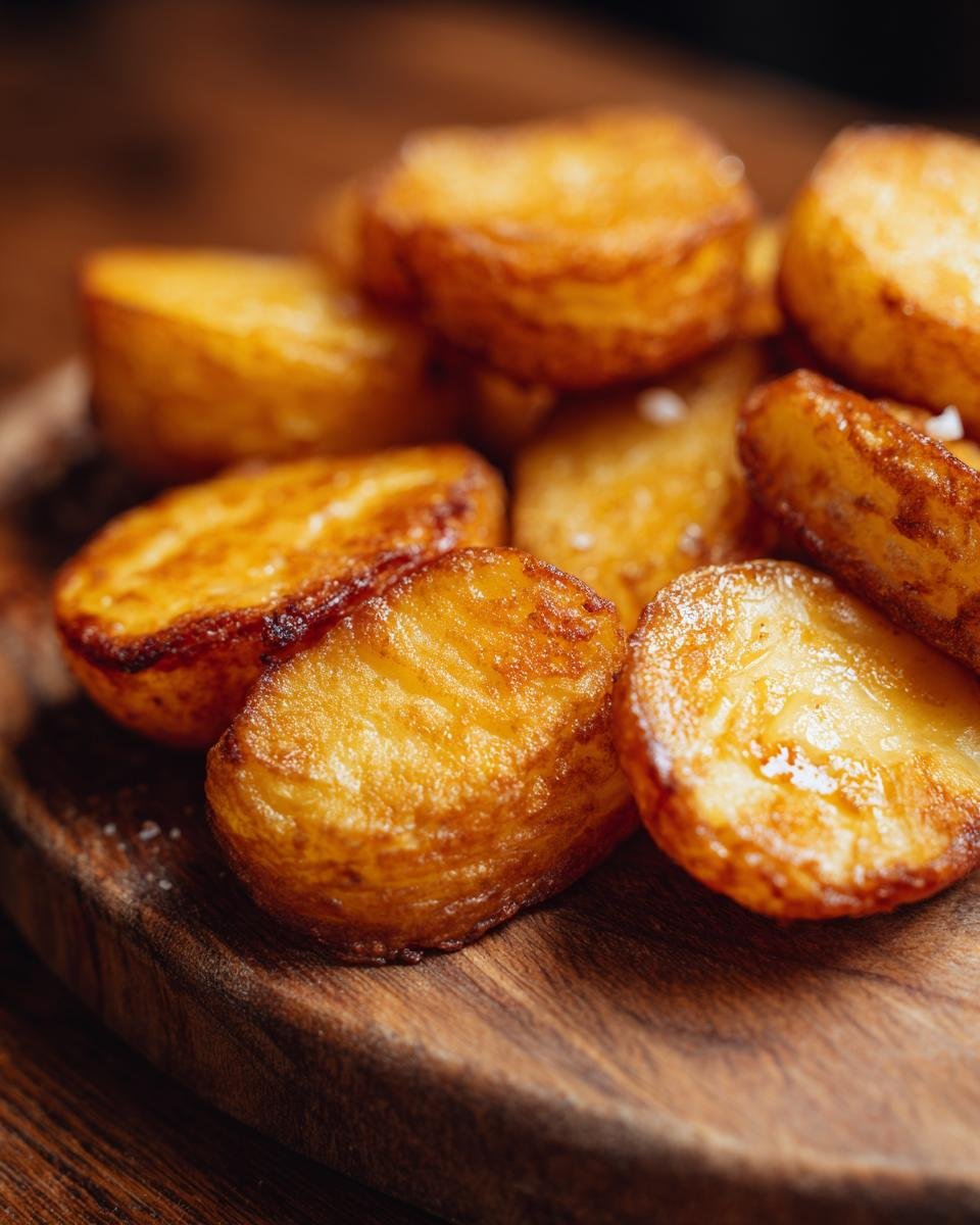 Close-up of Knusprige Heißluftfritteusen-Kartoffeln (crispy air fryer potatoes) on a wooden board.