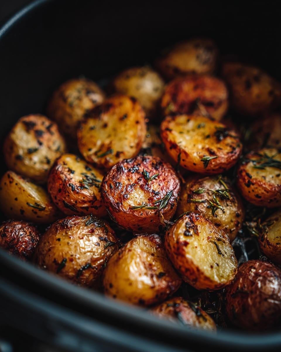 Close-up of Knusprige Heißluftfritteusen-Kartoffeln, golden brown and seasoned with herbs in the air fryer basket.