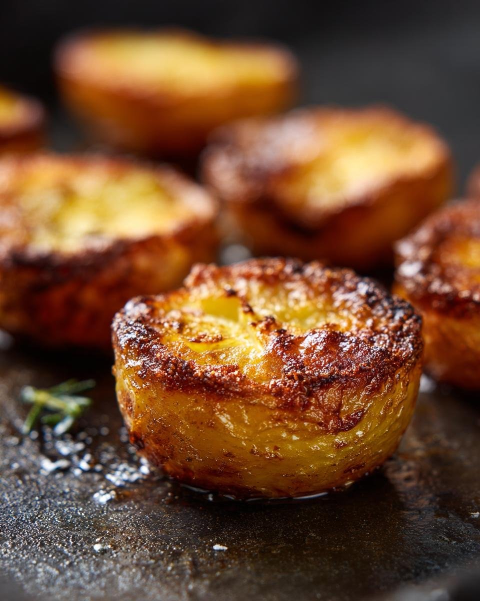 Close-up of Knusprige Heißluftfritteusen-Kartoffeln, golden brown and crispy, on a dark surface.