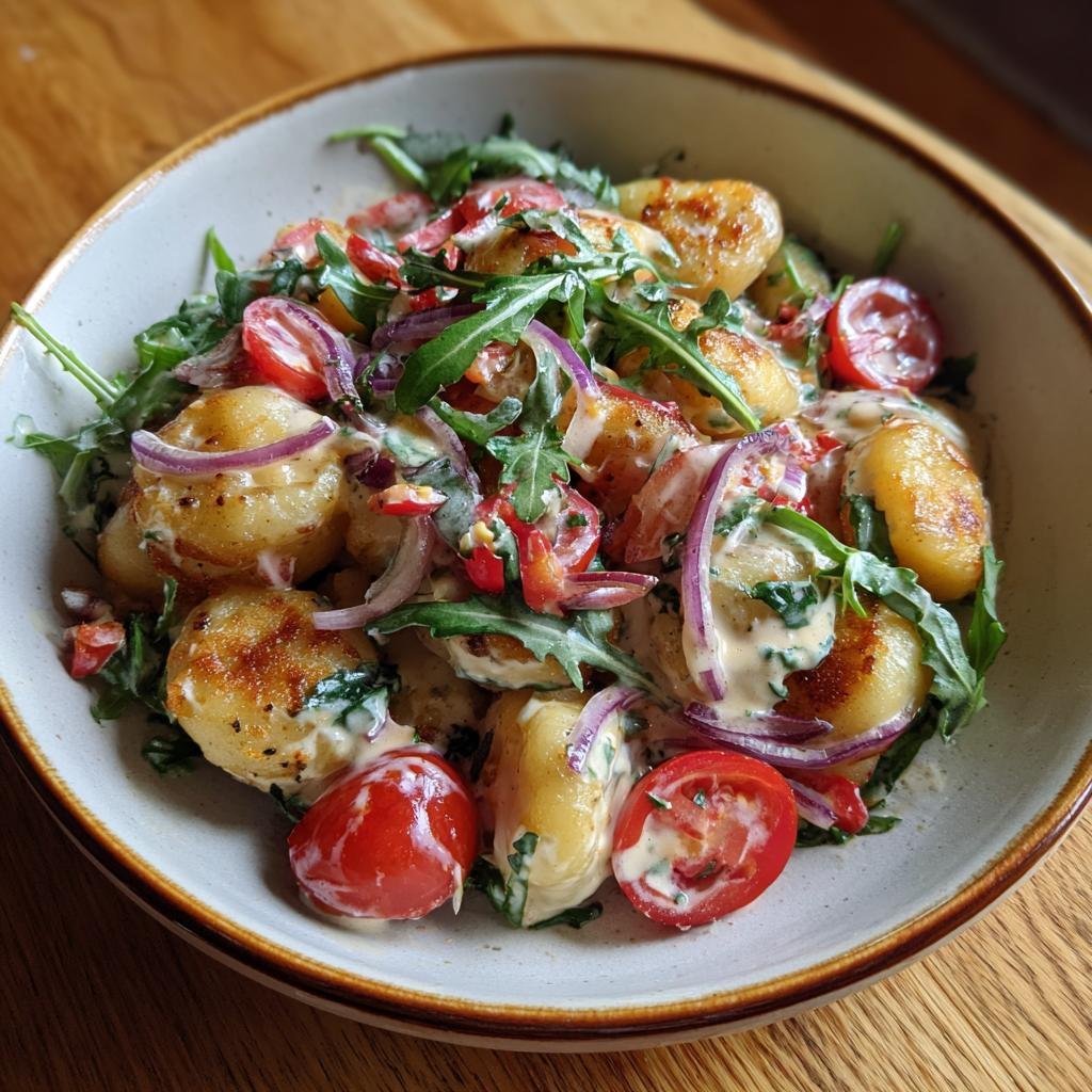 Close-up of Knuspriger Gnocchi-Salat mit Joghurt-Dressing with tomatoes, red onion, and arugula.