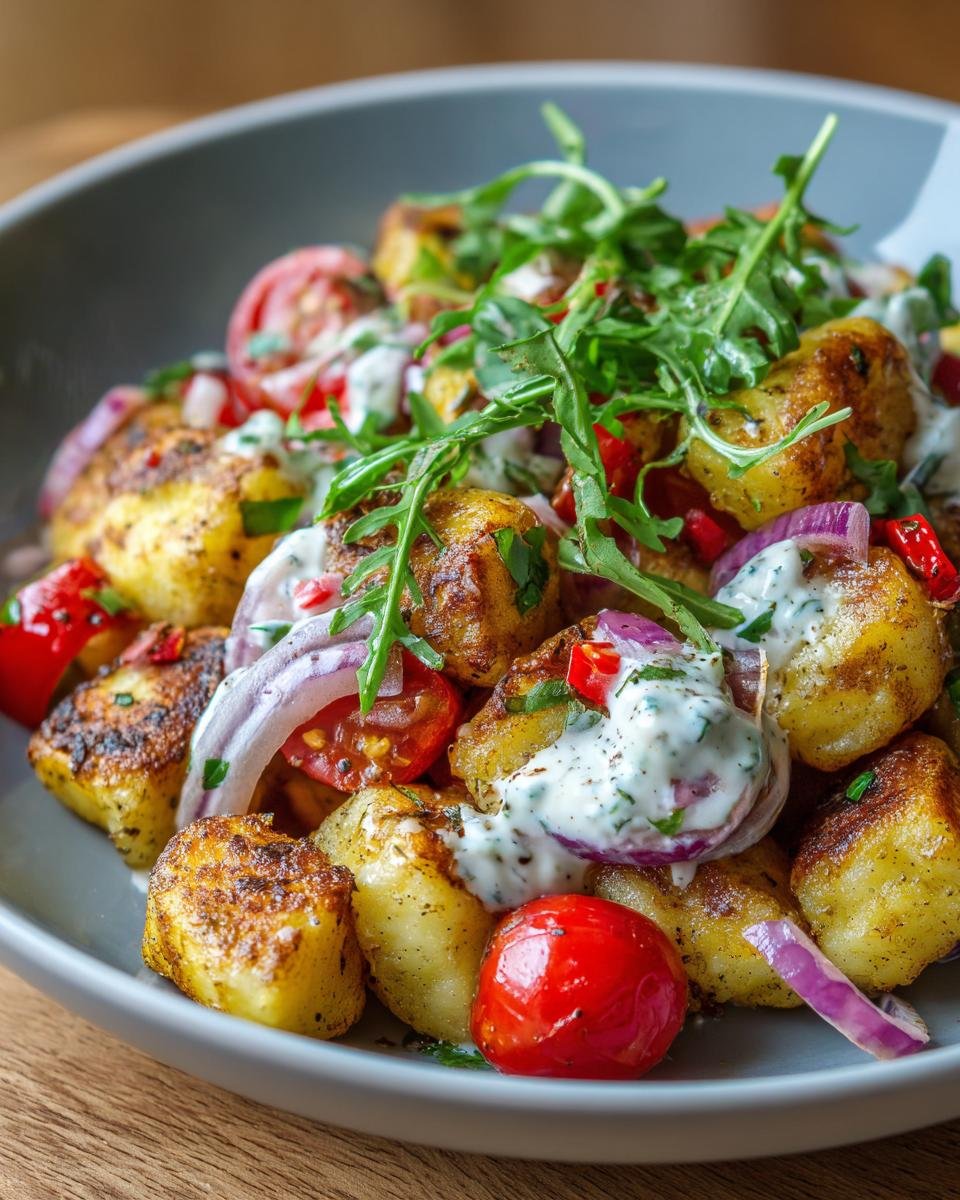 Close-up of Knuspriger Gnocchi-Salat mit Joghurt-Dressing with tomatoes, red onions, and arugula.