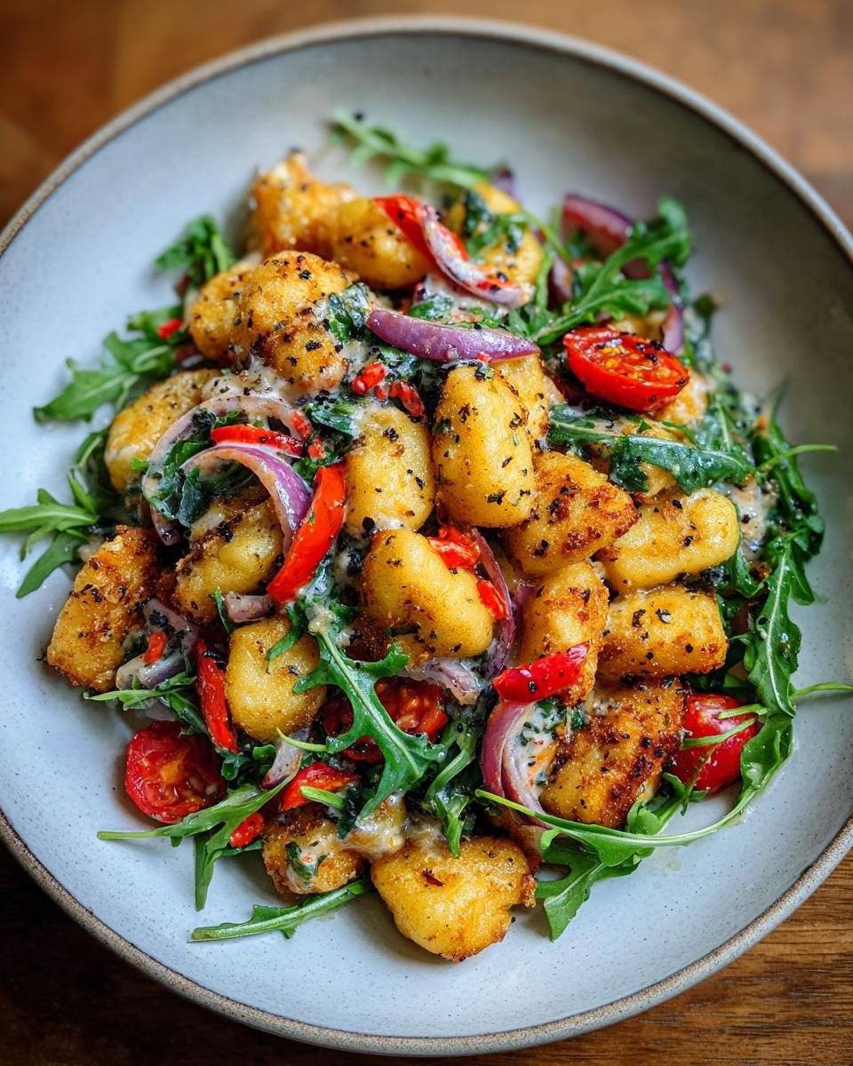 Bowl of Knuspriger Gnocchi-Salat mit Joghurt-Dressing, featuring crispy gnocchi, arugula, red onion, and tomatoes.
