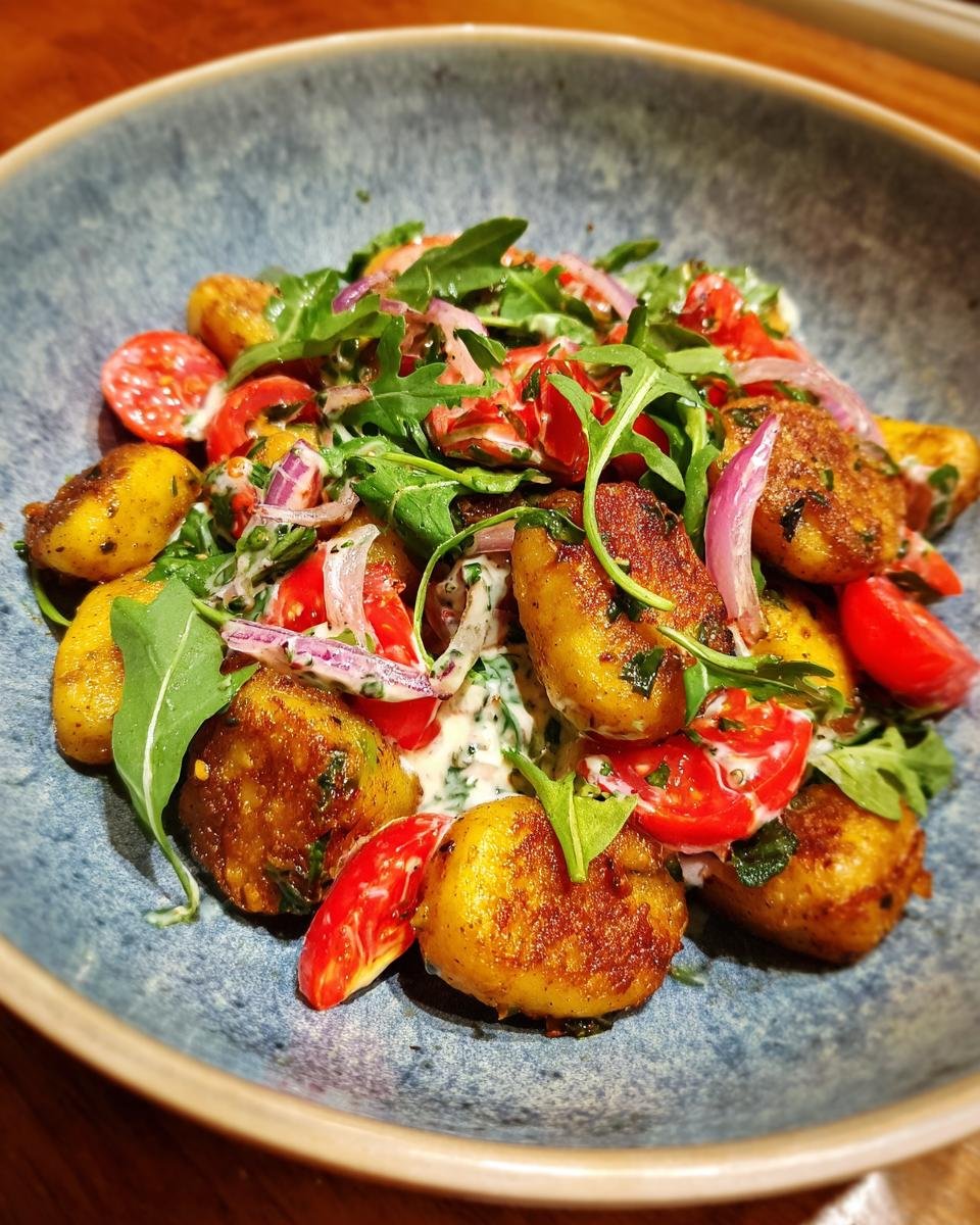 Close-up of Knuspriger Gnocchi-Salat mit Joghurt-Dressing with tomatoes, arugula, and red onion in a blue bowl.