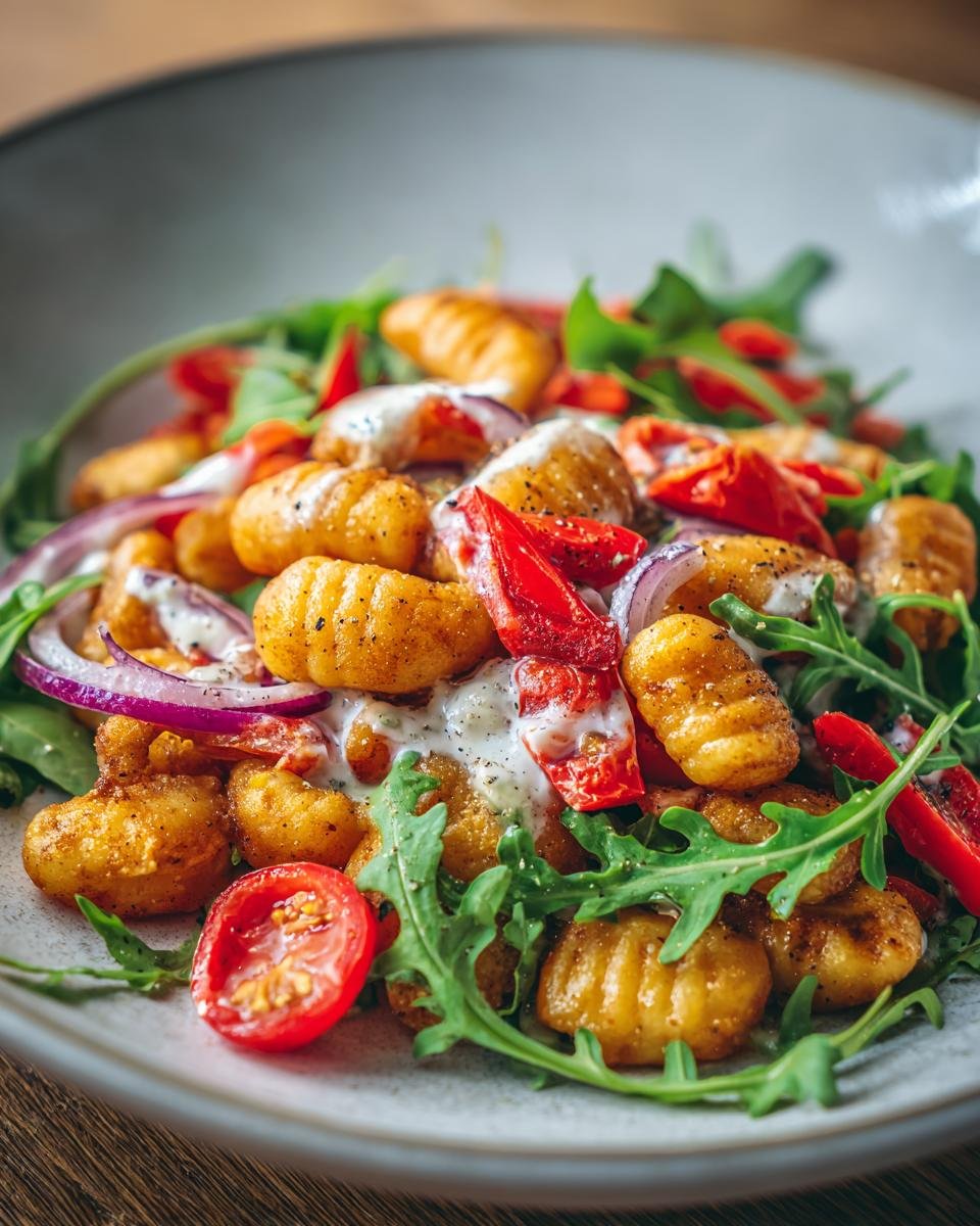Close-up of Knuspriger Gnocchi-Salat mit Joghurt-Dressing, featuring crispy gnocchi, arugula, tomatoes, and red onion.