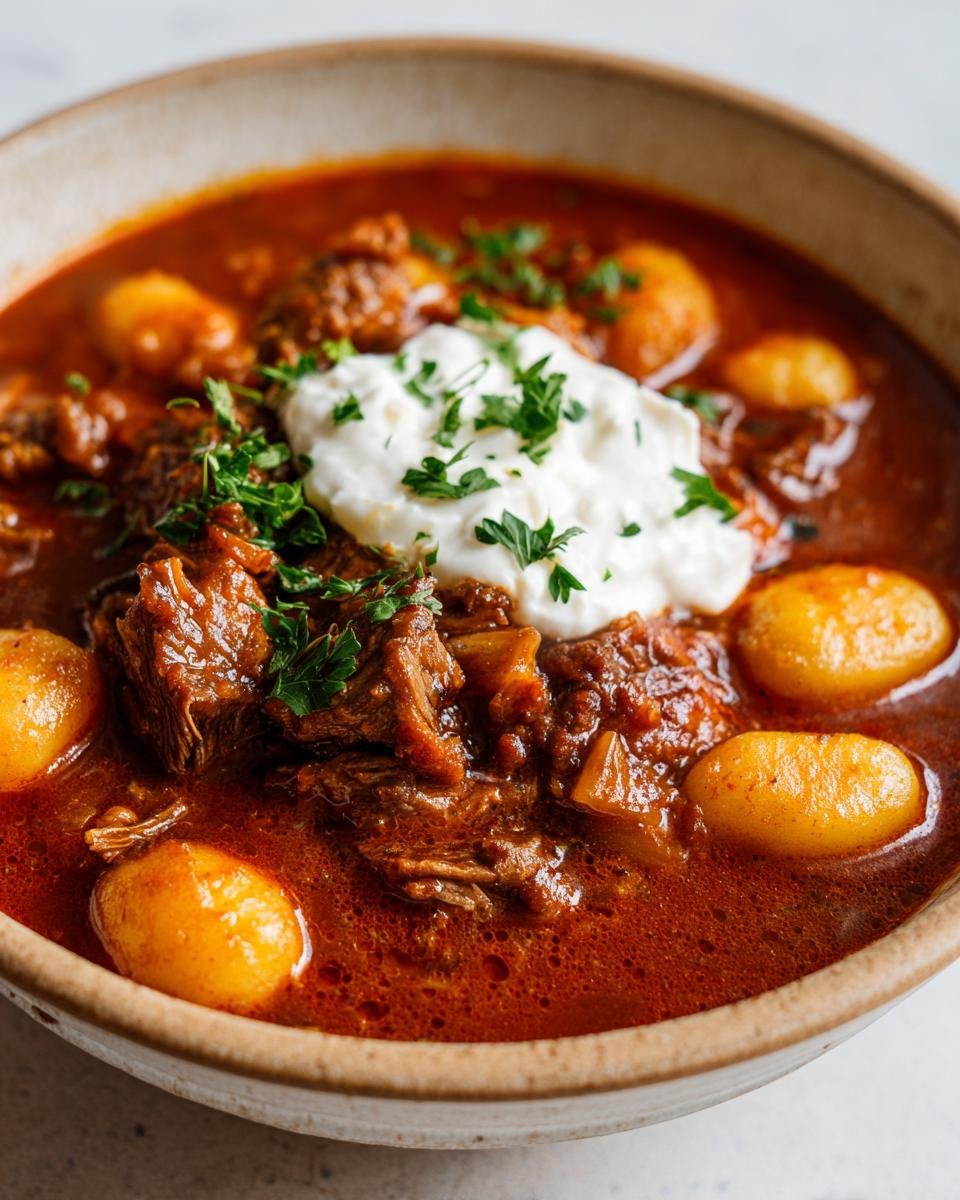 Close-up of a bowl of Köstliches Herbstrezept für Gnocchi with beef, topped with sour cream and parsley.