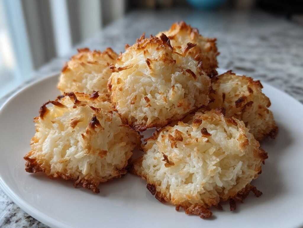Close-up of several golden brown Kokosmakronen (coconut macaroons) on a white plate, ready to eat.