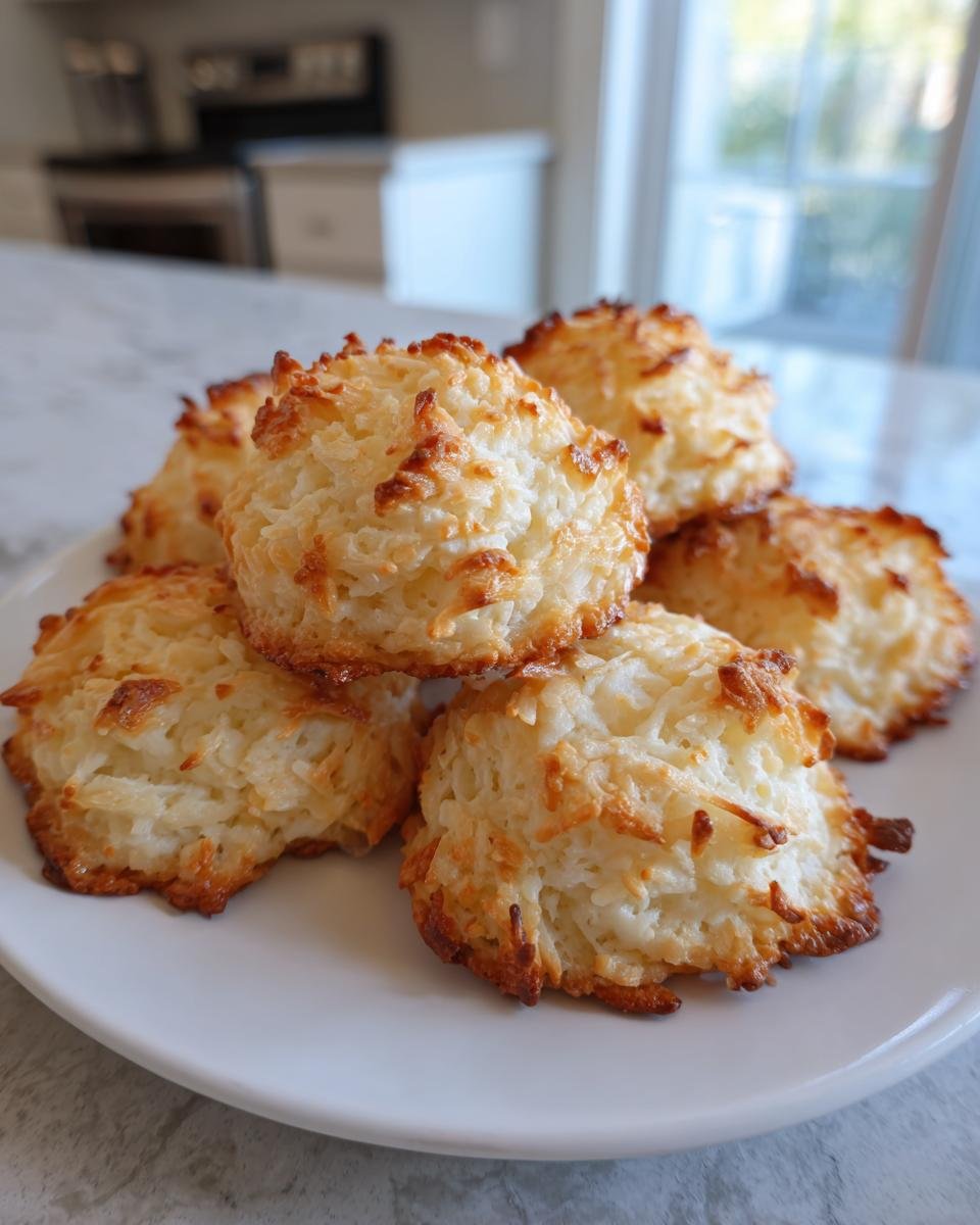 A plate of golden brown Kokosmakronen, a German coconut macaroon, stacked and ready to enjoy.