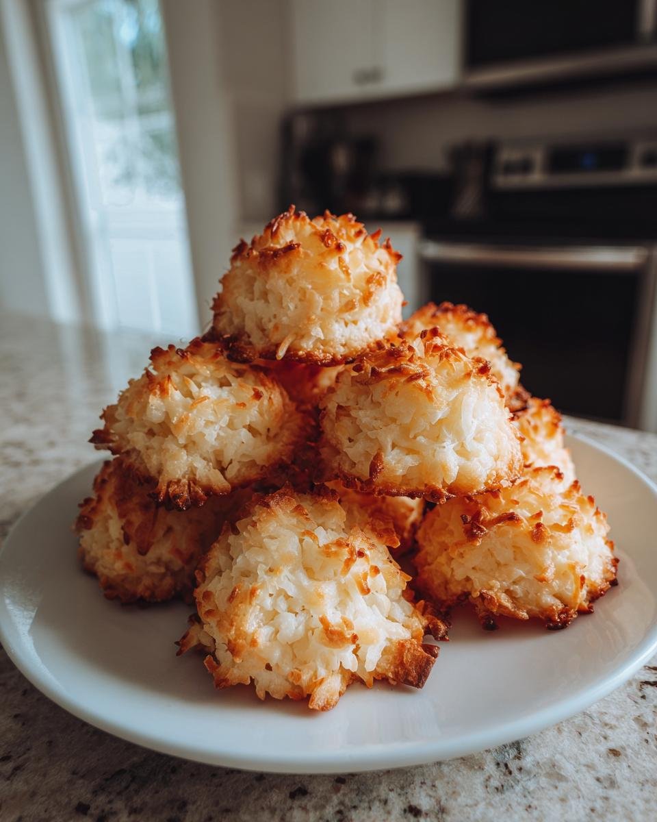 A stack of freshly baked Kokosmakronen (coconut macaroons) on a white plate, ready to eat.